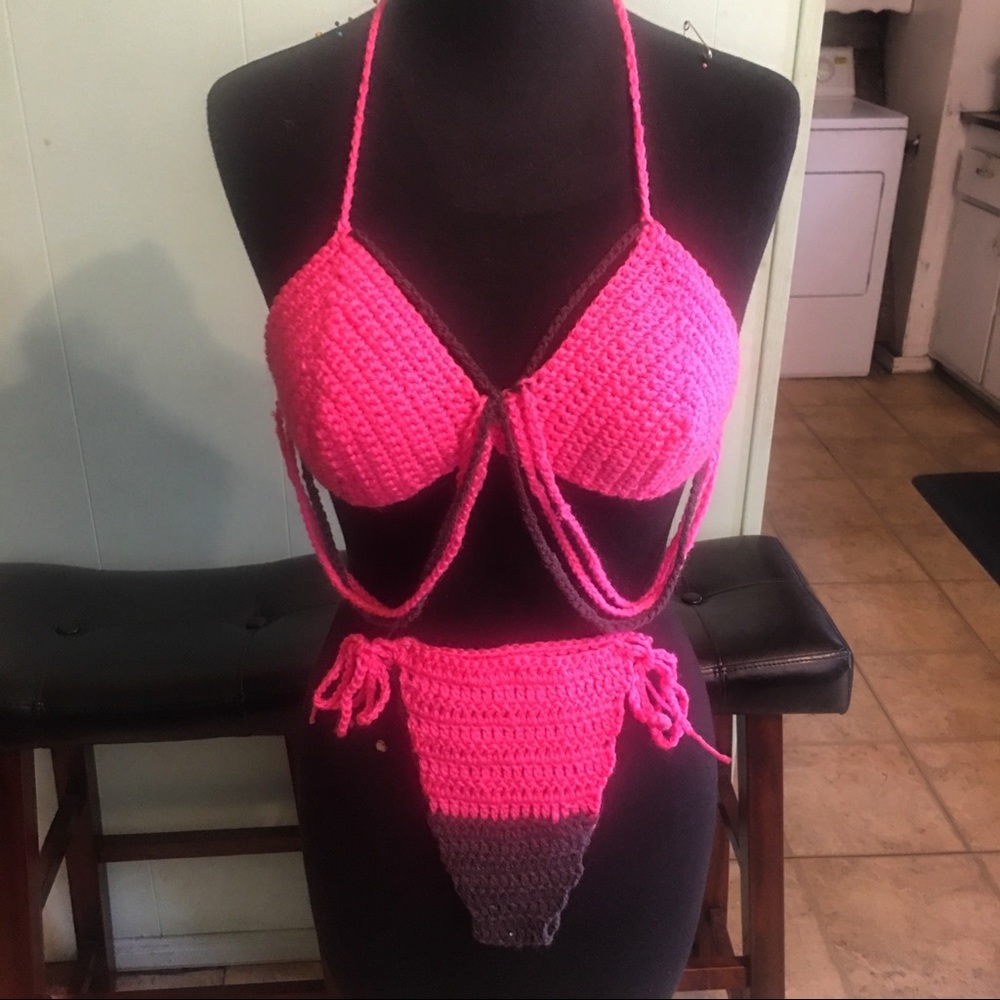 Pink an grey crotchet Bikini set